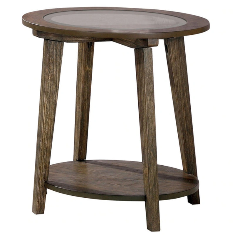 24 Inches End Table with Round Glass Top and Angled Legs, Brown